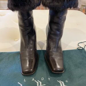 Roberto Botticelli chocolate brown Leather Heeled Boots with real mink trim